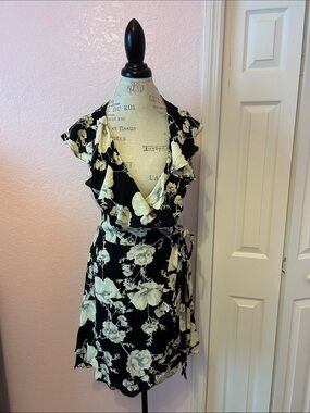 Free People Black and Cream Floral Wrap Mini Dress